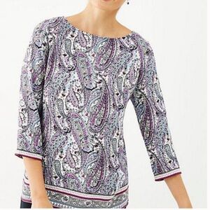 J.jill paisley purple white tops round neck 3/4 sleeve size m boho summer